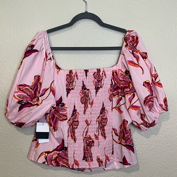 Eloquii Elements Women's Plus Size Smocked Cropped Top with Puff Sleeves Pink - Picture 7 of 9